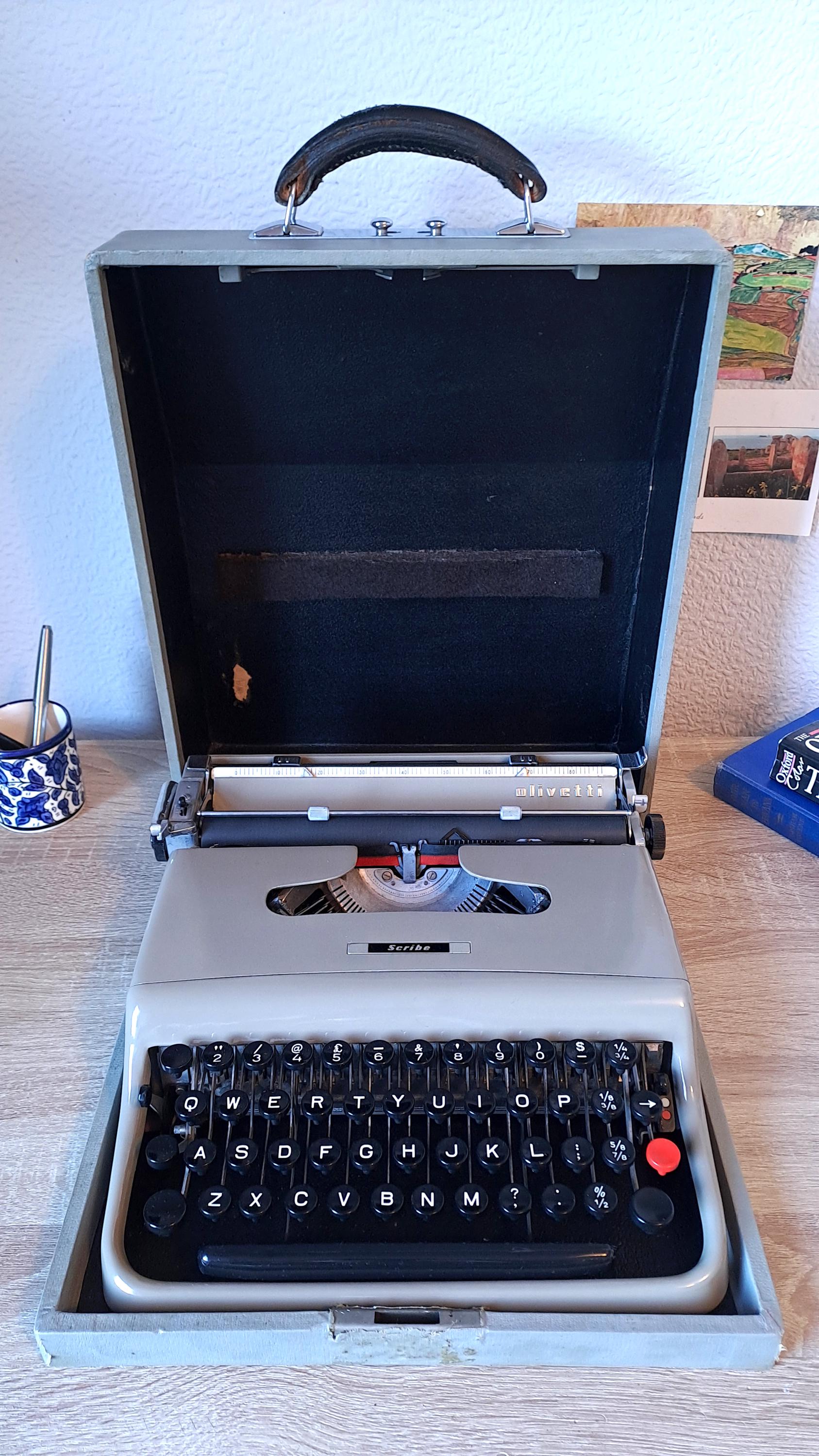 Olivetti Scribe Typewriter with Rare Wooden Case & Original Dust Cover